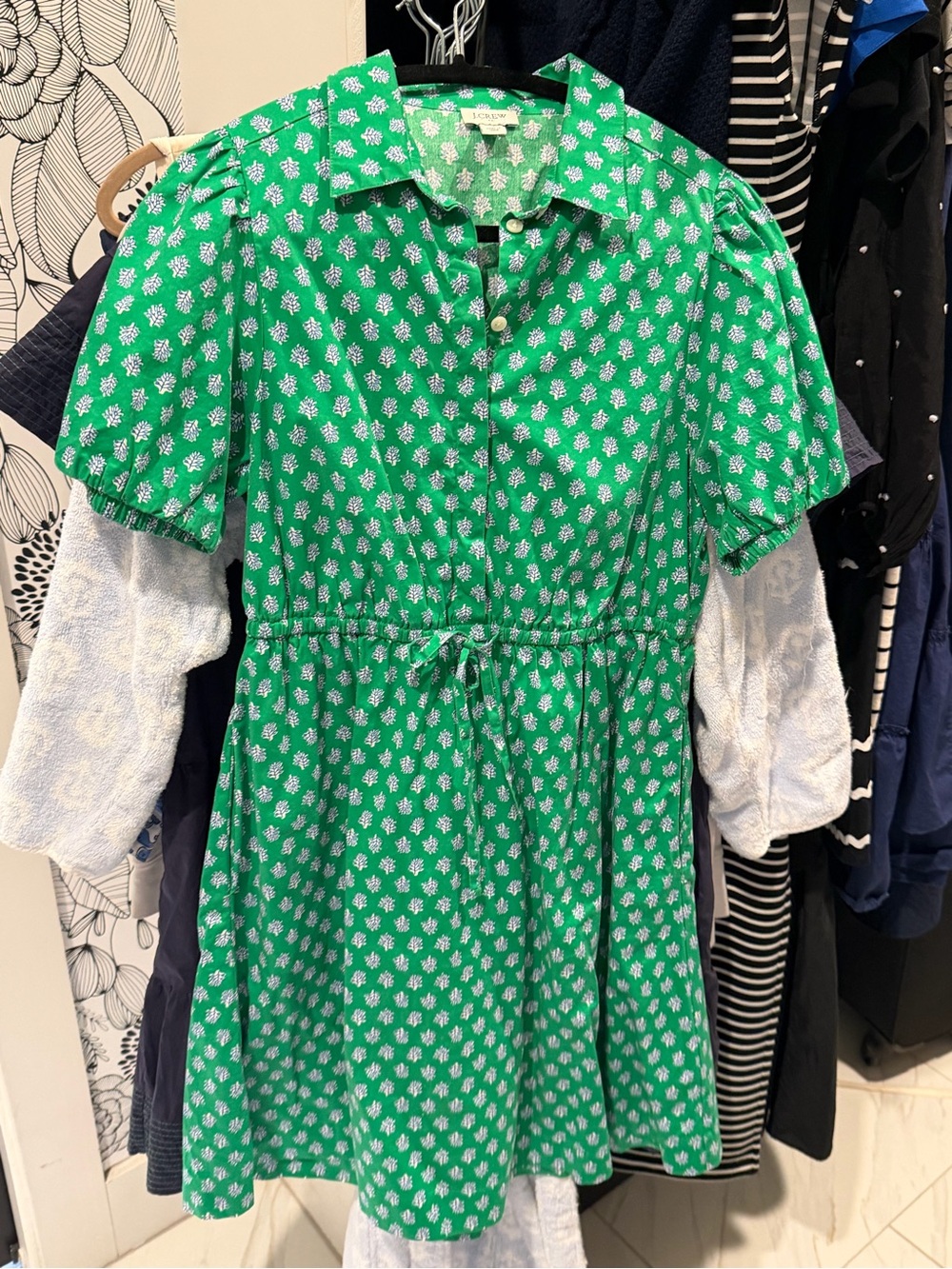 J. Crew Green Floral Tie-Waist Shirt Dress